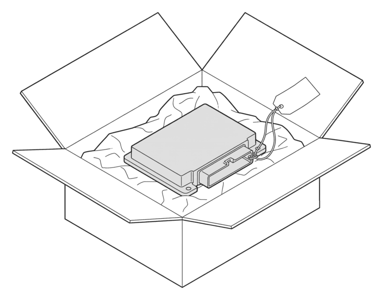 Line drawing of a control module resting in an open parts box, a blank parts tag tied to it.