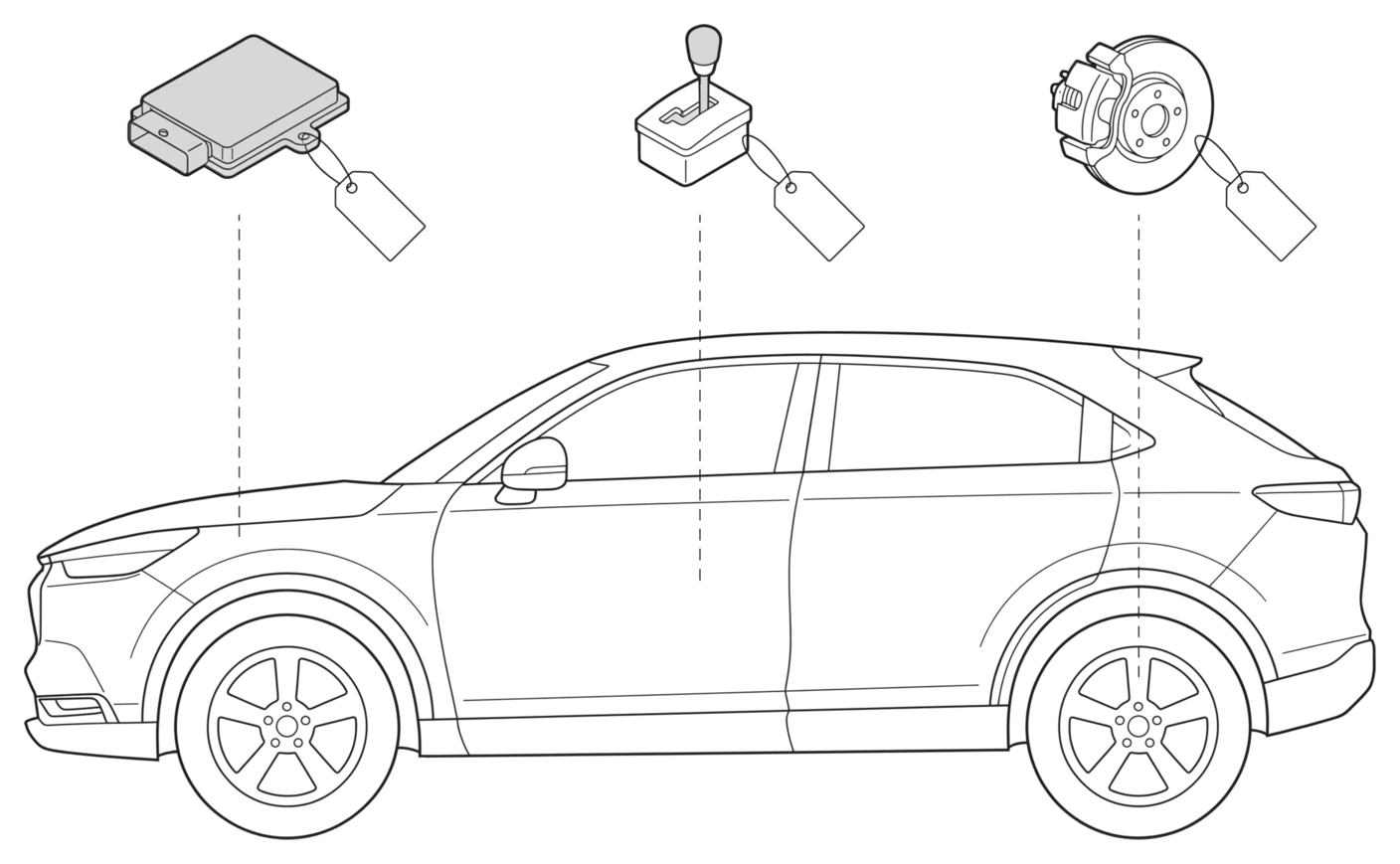 Line drawing of a generic crossover in side view with three parts drawn out above it on dashed lines: a control module over the front, a gear selector over the cabin and a brake caliper over the rear wheel, each with a blank parts tag.