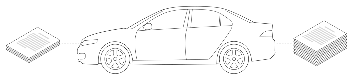 Line drawing of a sedan in side view between two separate stacks of notices, each joined to the car by a dashed line.