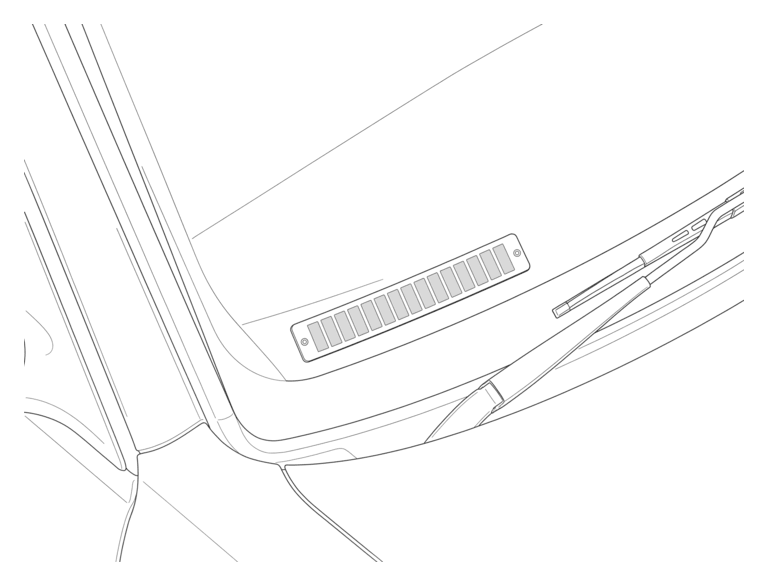 Close-up line drawing of a riveted VIN plate on the dashboard, seen through the lower corner of the windshield; its seventeen characters are blank cells.