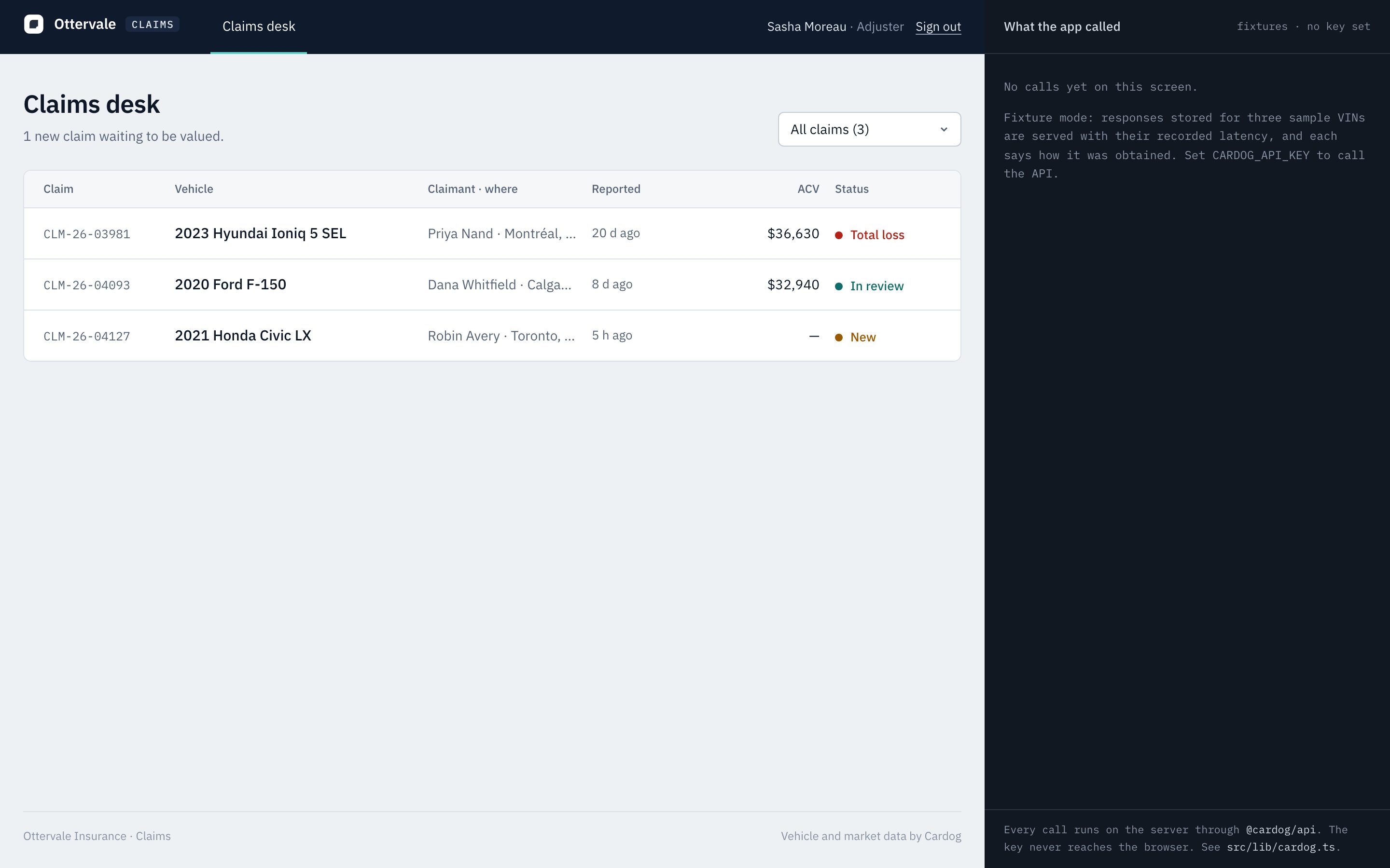 Ottervale's claims desk with three claims and their status