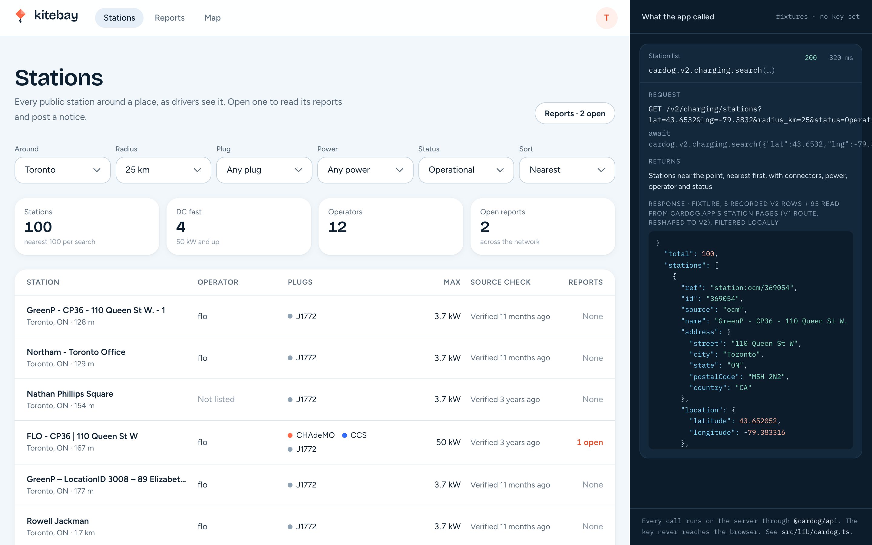 Kitebay's admin list of stations with plug, power and status filters