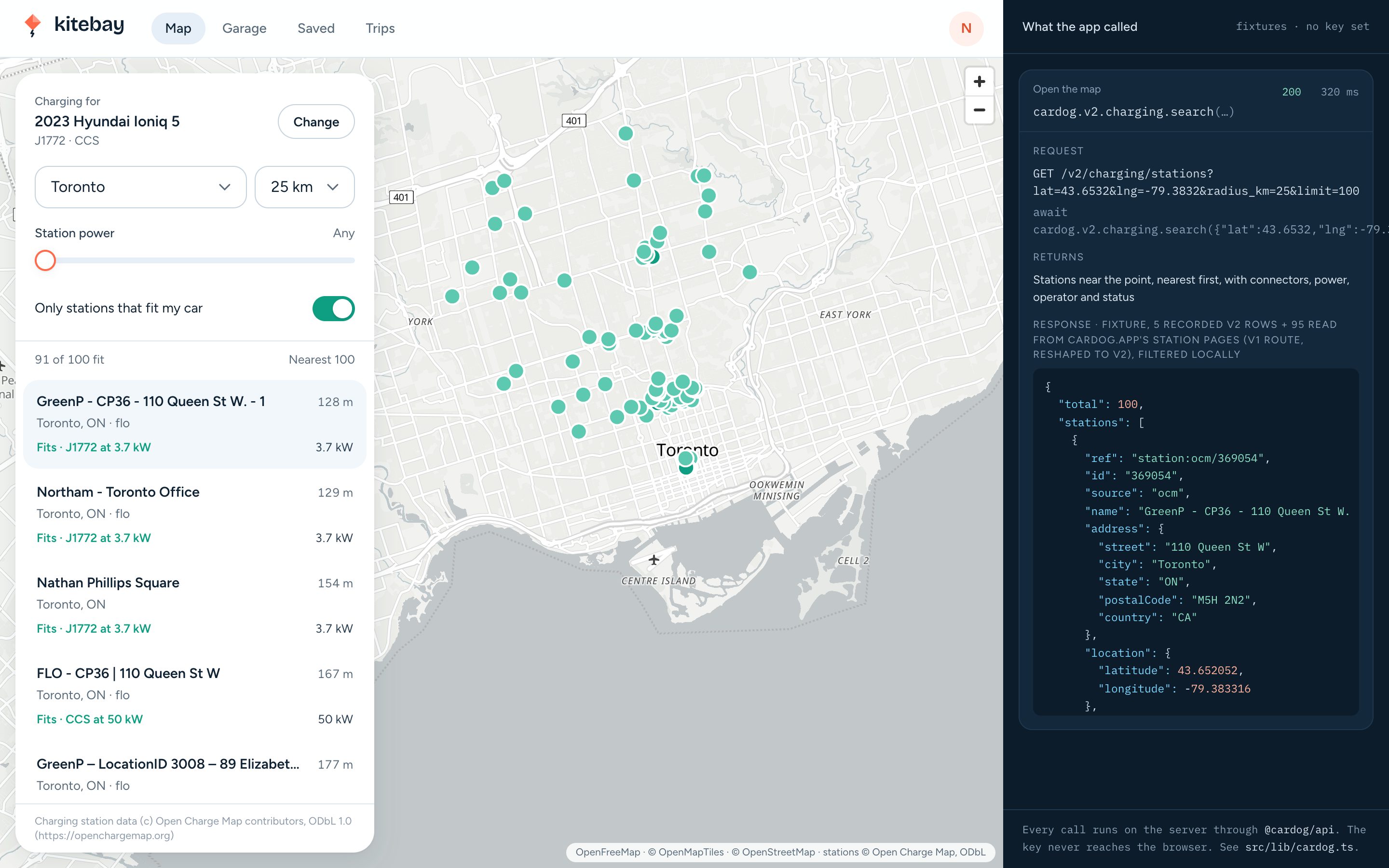 Kitebay: a map of Toronto with the stations that fit a 2023 Hyundai Ioniq 5 lit up, beside the pane that lists the Cardog calls behind it