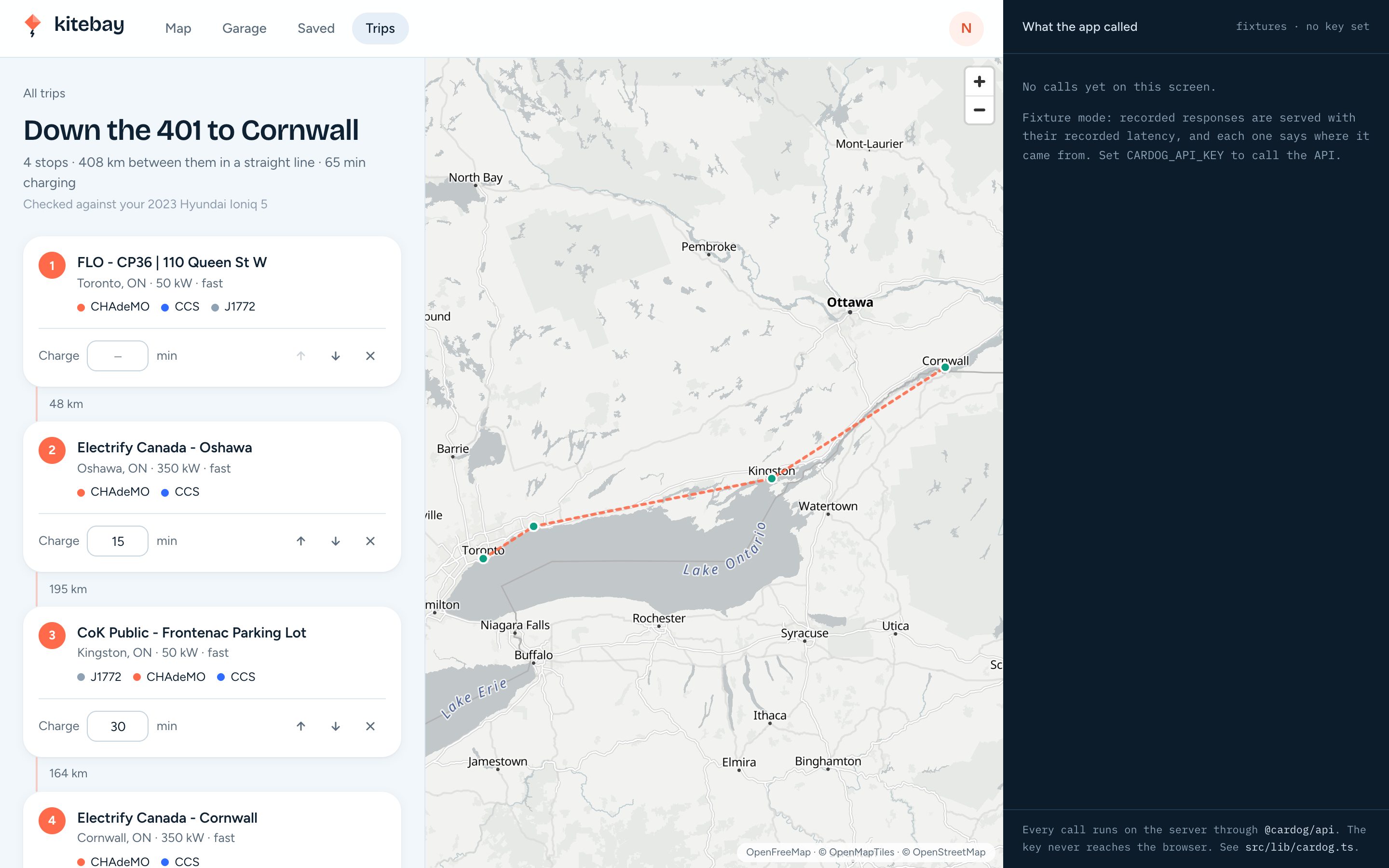 Kitebay's trip from Toronto to Cornwall with four charging stops