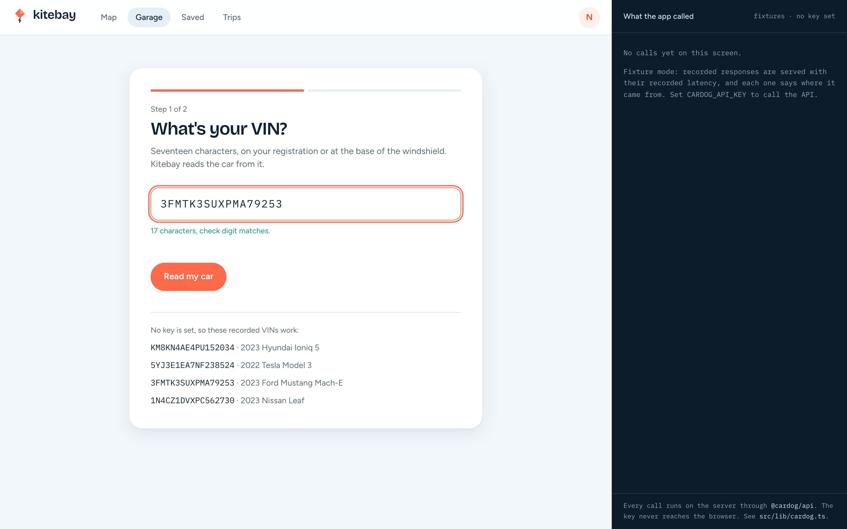 Kitebay's add-your-car screen with a VIN entered