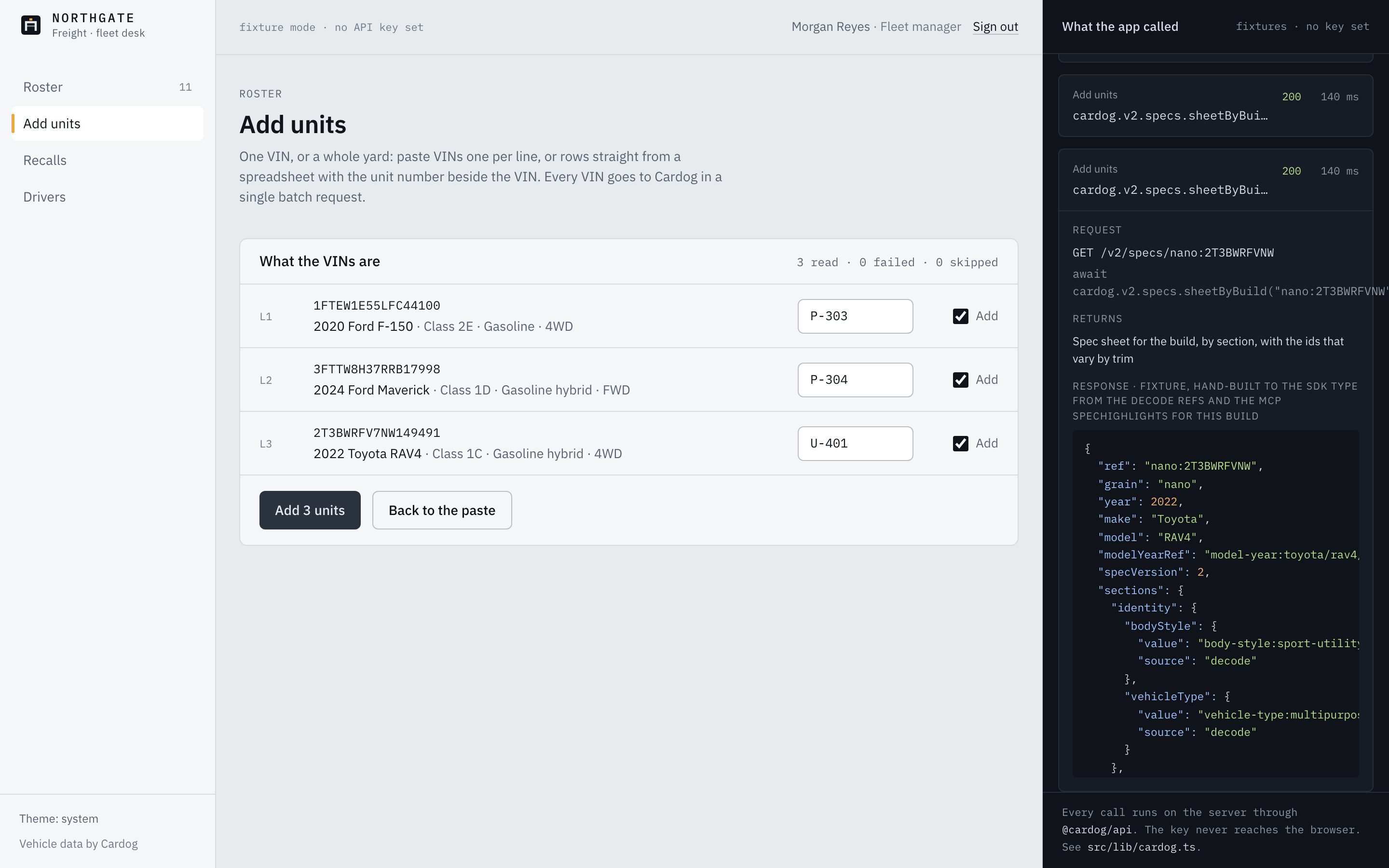 Northgate's add-units preview: three pasted VINs decoded with their classes and suggested unit numbers