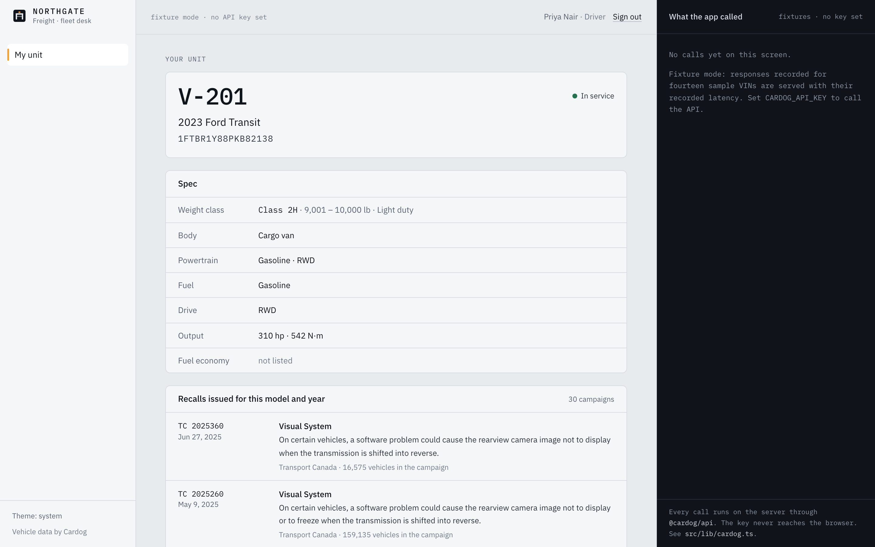 A Northgate driver's page for unit V-201