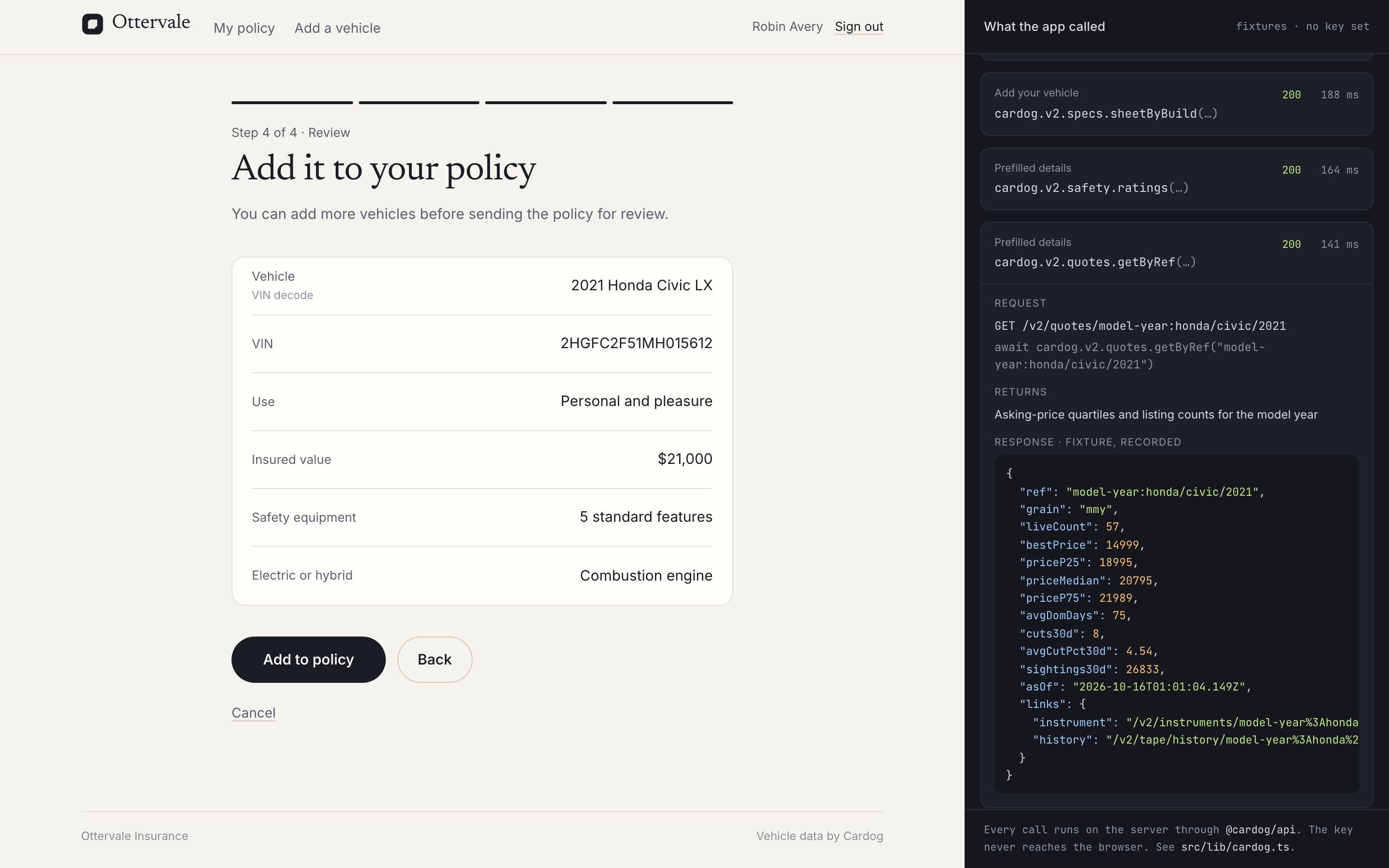 Ottervale's review screen with the estimated value range and insured value