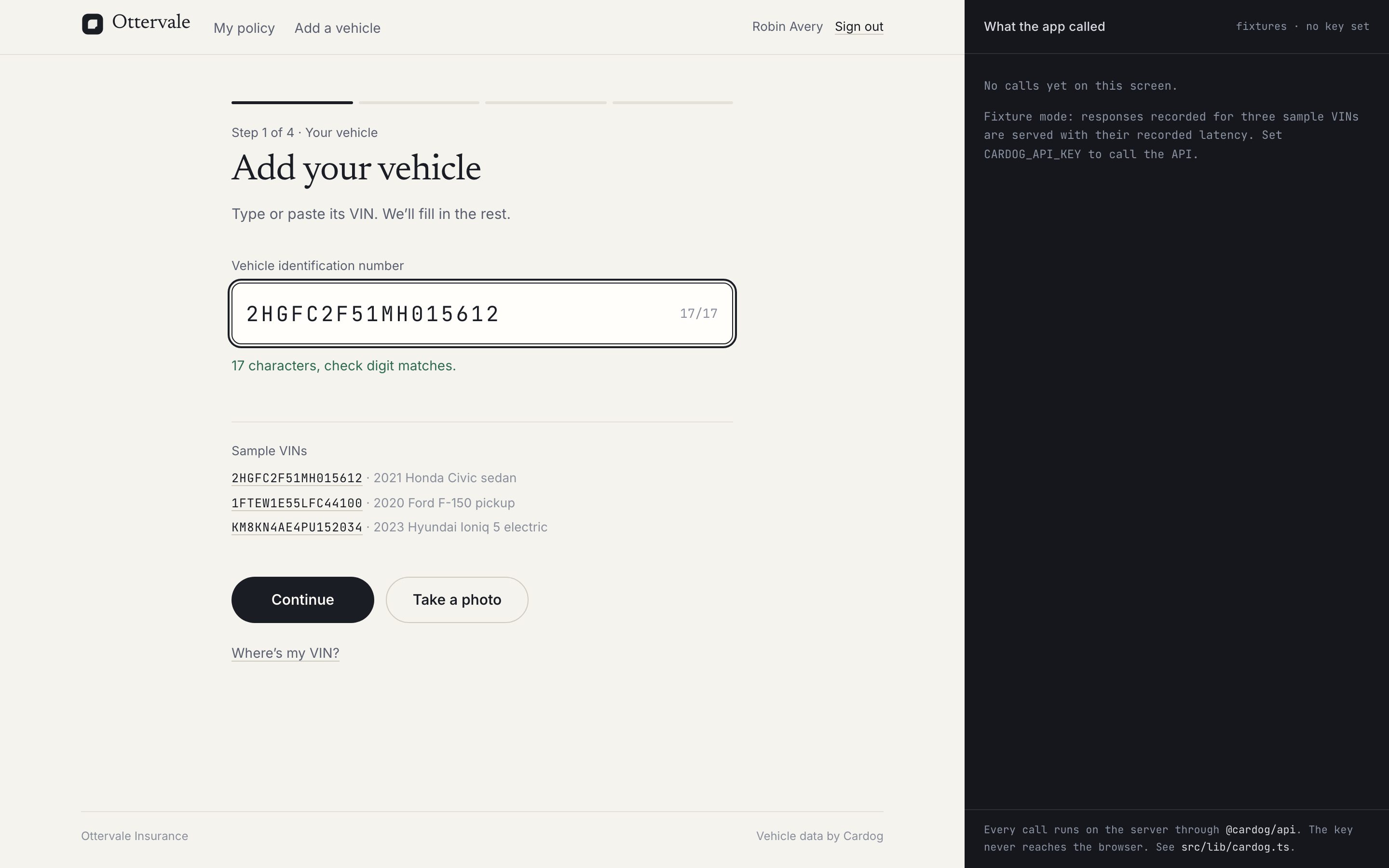 Ottervale's add-a-vehicle screen with a VIN entered and its check digit confirmed