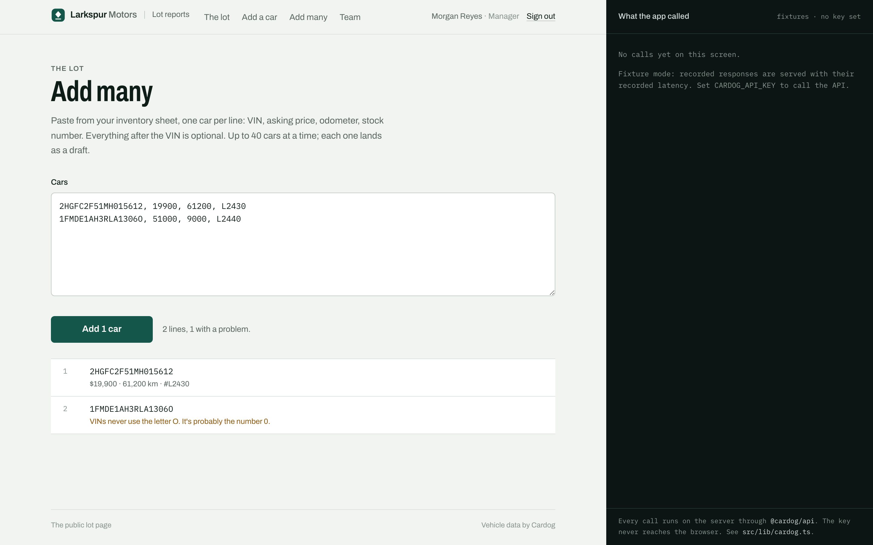 Larkspur's add-many screen, each pasted line checked as it is typed