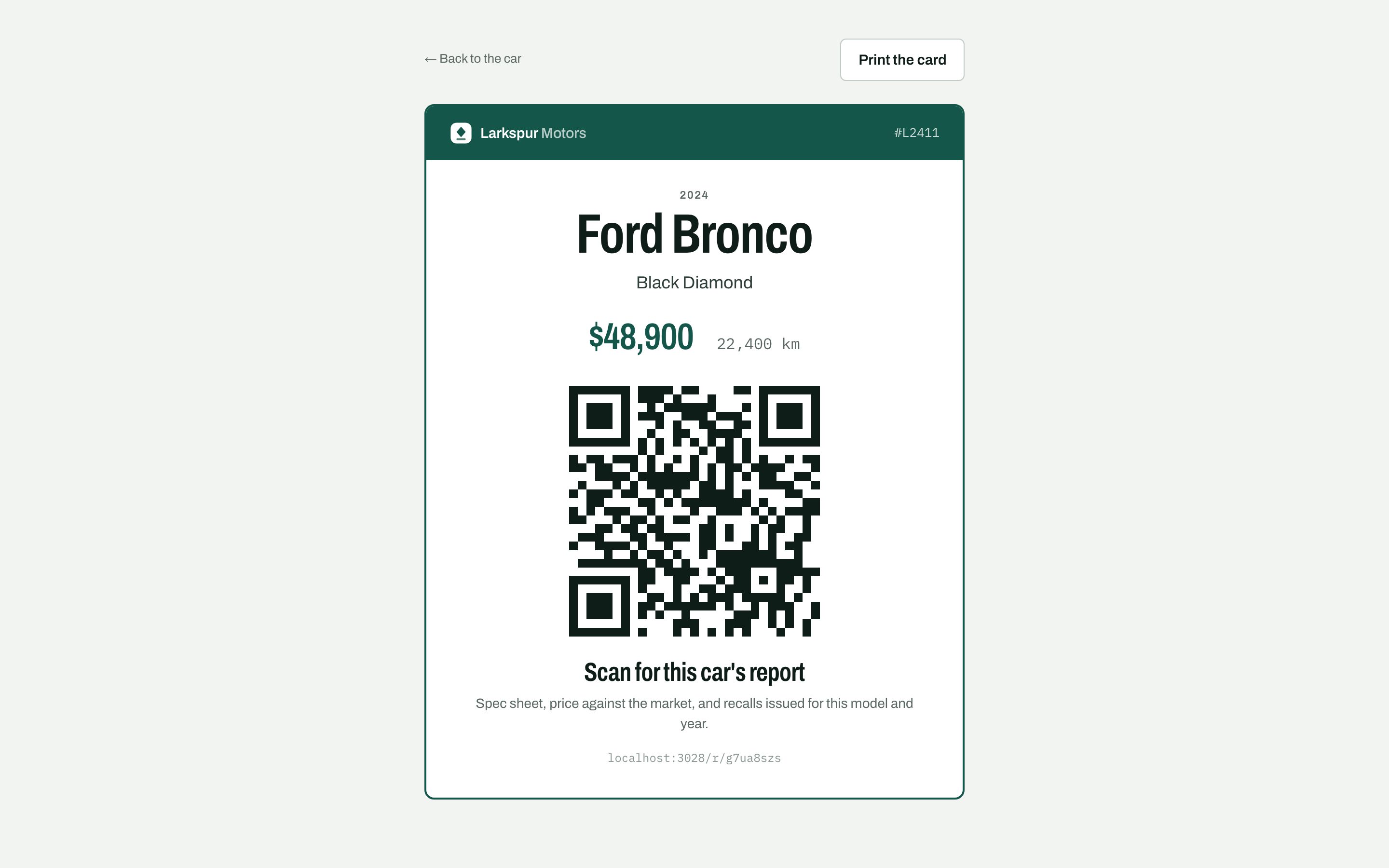 Larkspur's windshield card: price, kilometres and a QR code to the car's report