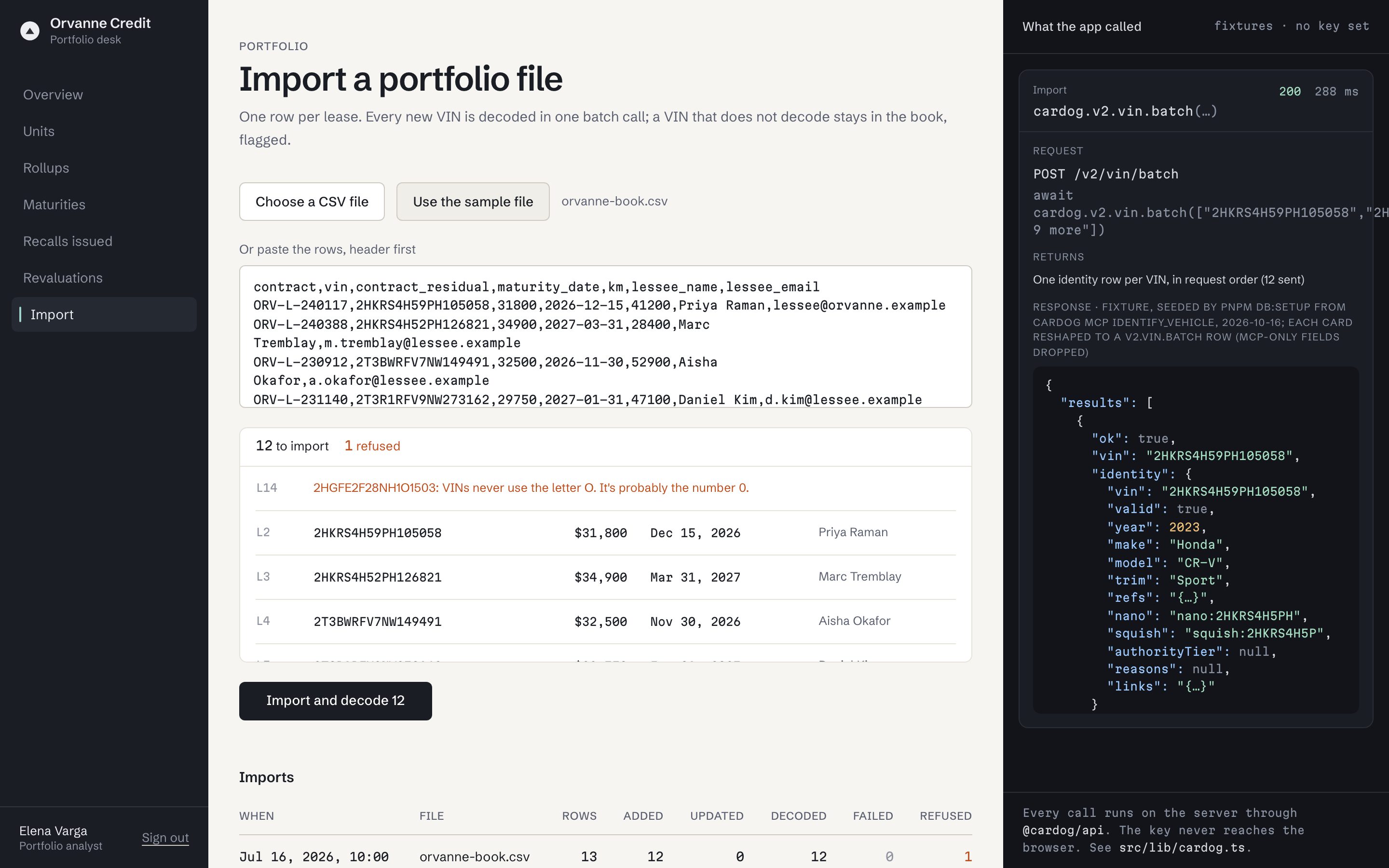Orvanne Credit's import screen with the sample lease book previewed and one mistyped VIN refused