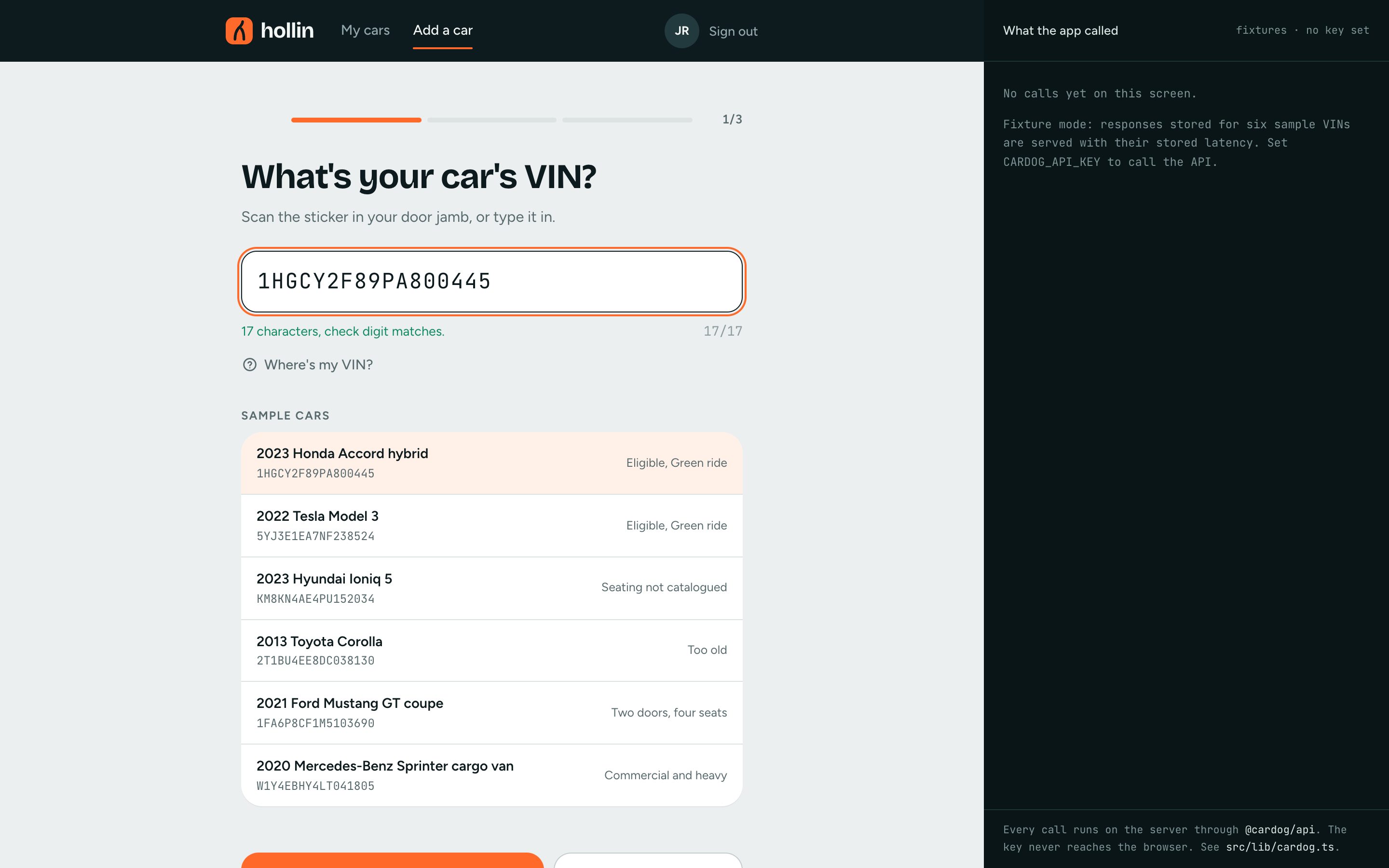 Hollin's add-a-car screen with a VIN entered
